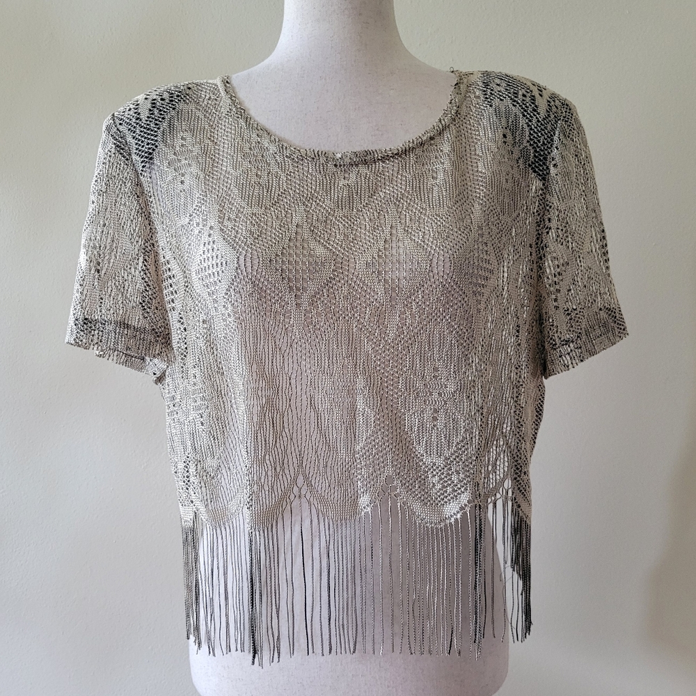 Virgo | 90s Vintage Boho Sheer Gold Knit Fringe Top